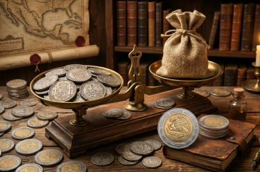 Un montón de pesos actuales sobre una mensa en la que también hay una balanza con piezas de plata.